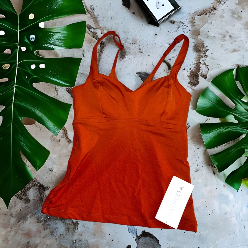 NWT ATHLETA Entwined Bra Cup Tankini Top, Palomino Rust orange Active top, 32B/C